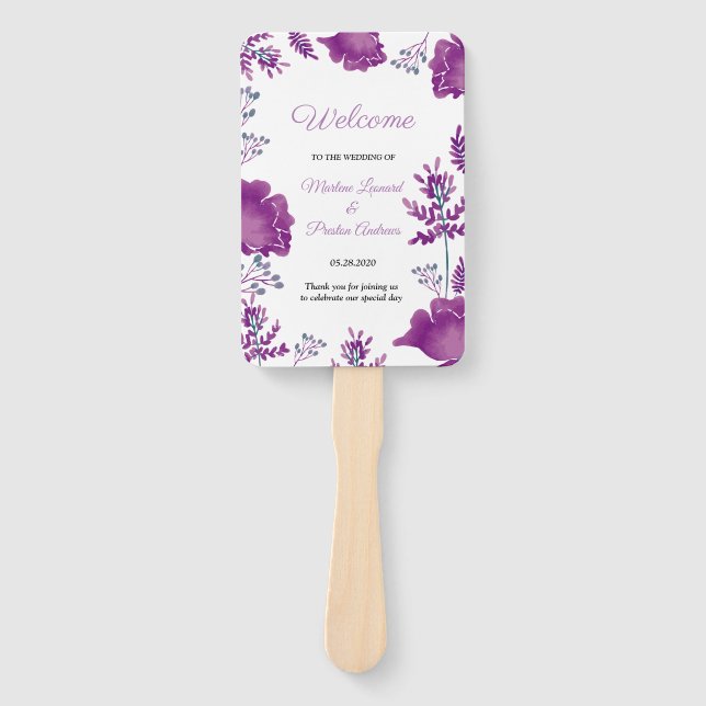 Elegant  chic Watercolor Purple  Wedding Program Hand Fan (Front)