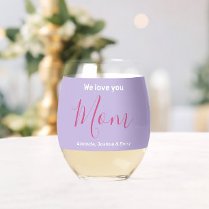 Elegant Chic We Love You Mom Glam Purple Names  Stemless Wine Glass