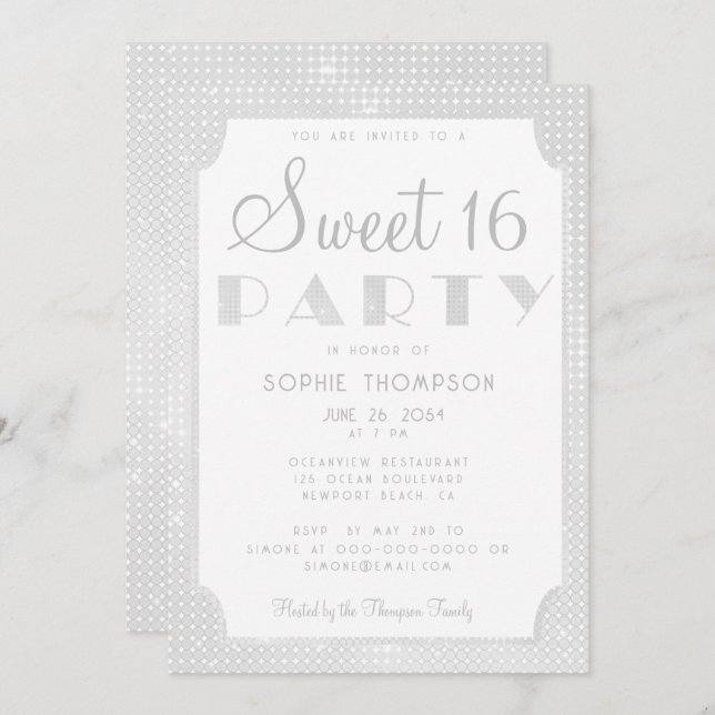 Elegant Chic White Glitter Sequins Sweet 16 Party Invitation (Front/Back)