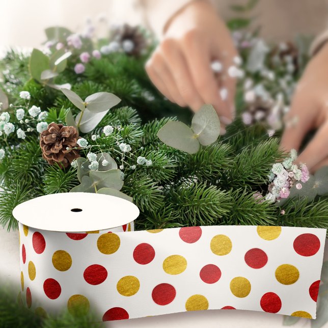Elegant Chic White Gold Red Polka Dots Modern Xmas Satin Ribbon (Creator Uploaded)