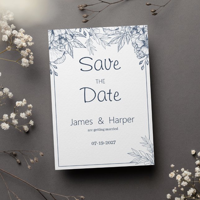 Elegant chic white grey blue floral Save the Date Invitation (Elegant chic white gray blue floral Save the Date)