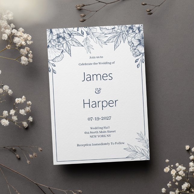 Elegant chic white grey blue floral Wedding Invitation (Elegant chic white gray blue floral Wedding)