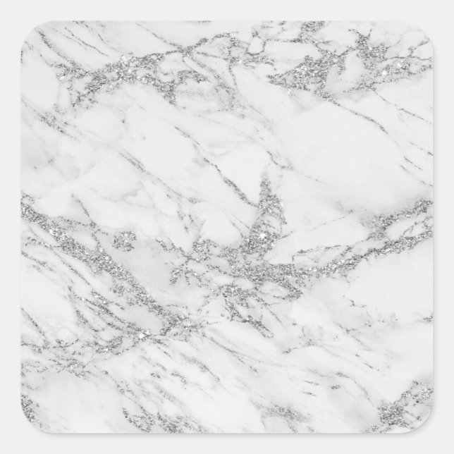 Elegant chic white grey silver glitter marble square sticker (Front)