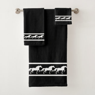 Elegant, Chic White Horses on Black Bath Towel Set