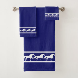Elegant, Chic White Horses on Navy Blue Bath Towel Set