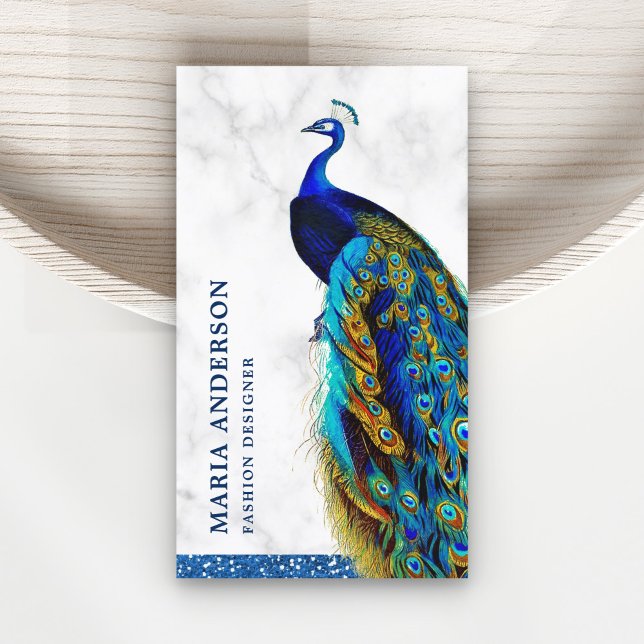 Elegant Chic White Marble Blue Indian Peacock Business Card (Creator Uploaded)