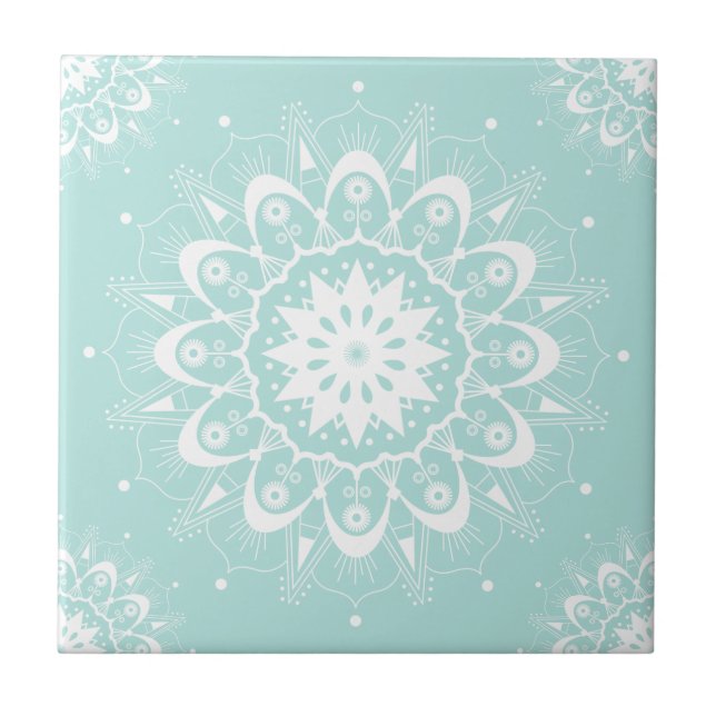 Elegant Chic White Teal Floral Geometric Mandala  Tile (Front)