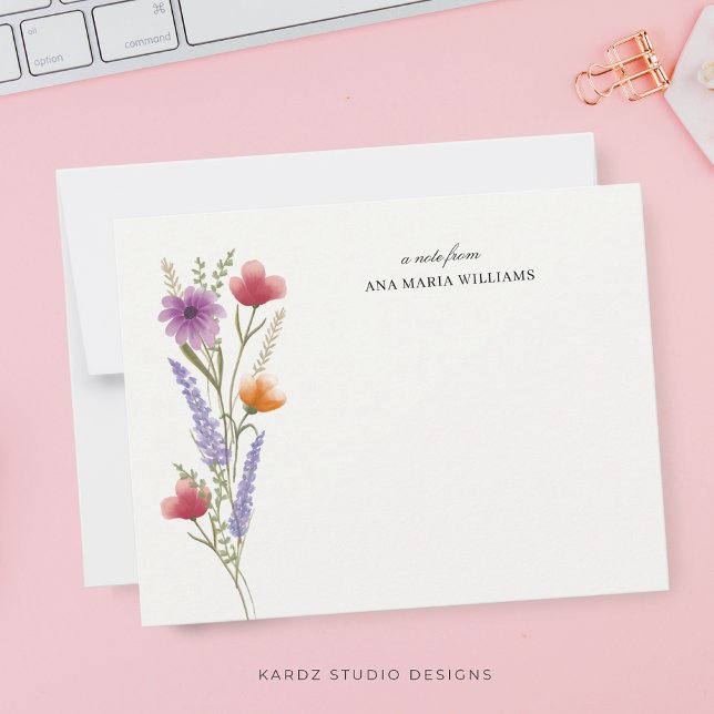Elegant Chic Wildflower Note Card (Minimal wildflower note card with elegant script typography for your chic personalized stationery.)