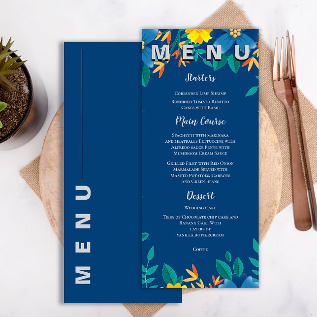 Elegant Chic Yellow and Blue Floral Wedding Party Menu (Elegant Chic Yellow and Blue Floral Wedding Party Menu)