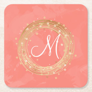 elegant chick faux gold wreath pink brushstrokes square paper coaster