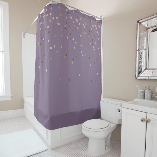 elegant chick glam rose gold confetti dots violet shower curtain (In Situ)