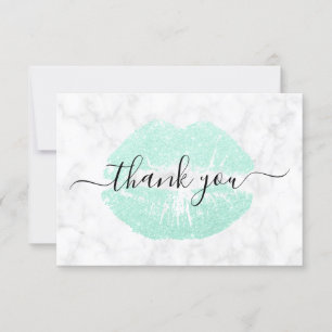 Elegant chick mint green glitter lips white marble thank you card