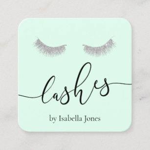 Elegant chick silver glitter mint green lashes square business card