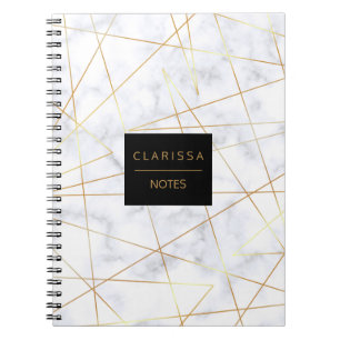 elegant chick white marble faux gold geometric spiral notebook