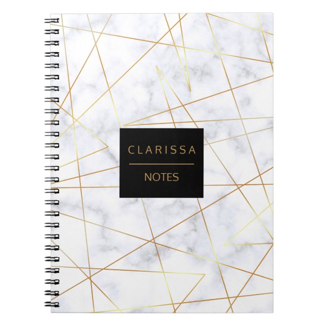 elegant chick white marble faux gold geometric spiral notebook (Front)