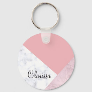 Elegant chick white pastel pink marble geometric key ring