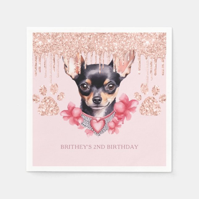 Elegant Chihuahua with Glitter Birthday Party Napkin (Front)