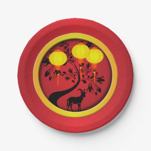 Elegant Chinese New Year Goat Gold Lanterns Paper Plate