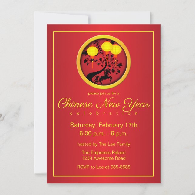 Elegant Chinese New Year Horse Gold Lanterns  Invitation (Front)