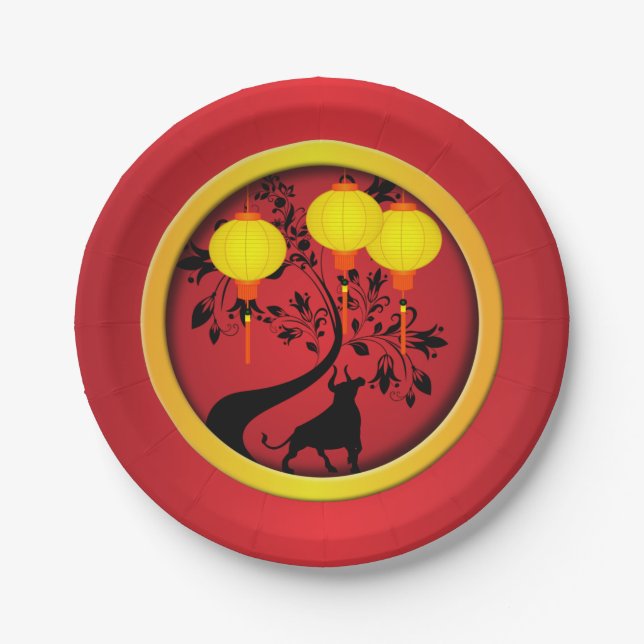 Elegant Chinese New Year Ox Lanterns Paper Plate (Front)