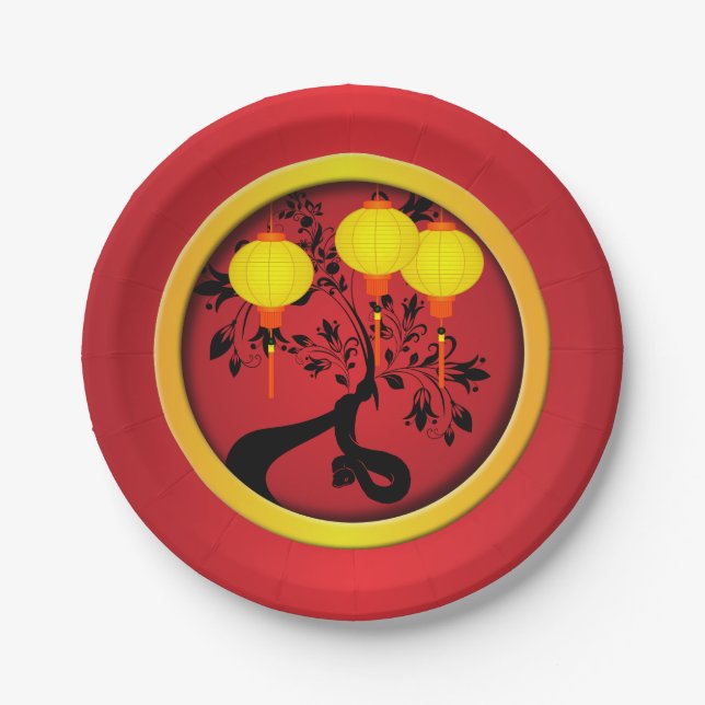 Elegant Chinese New Year Snake Gold Lanterns Paper Plate (Front)