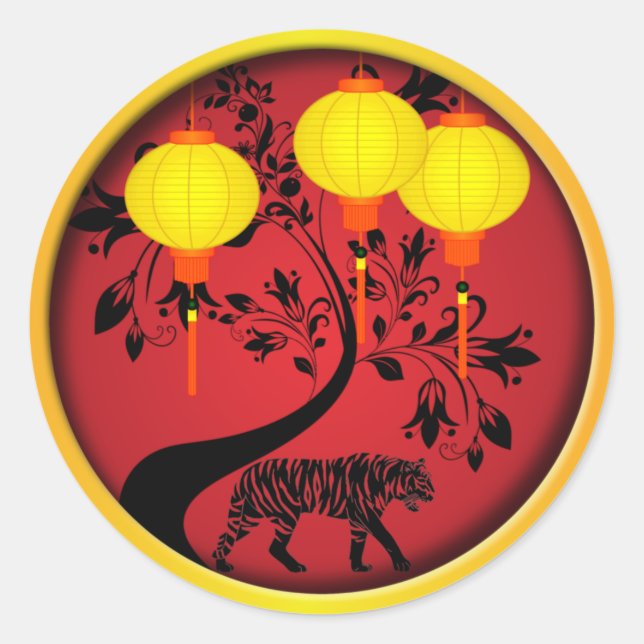 Elegant Chinese New Year Tiger Gold Lanterns Classic Round Sticker (Front)