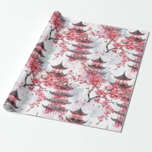 Elegant Chinese Pagoda Cherry Blossom Wrapping Paper