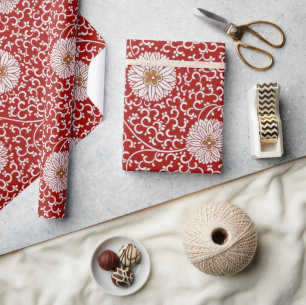 Elegant Chinese Red Gold Floral Pattern Wrapping Paper