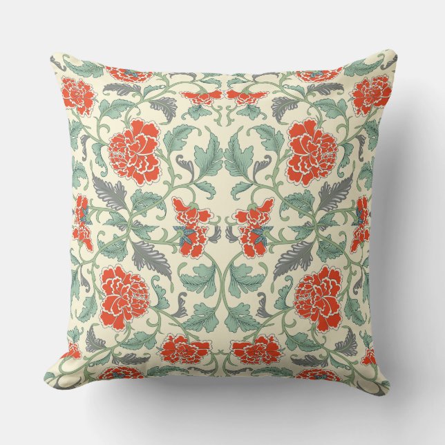 Elegant Chinese Red Green Floral Pattern Cushion (Front)