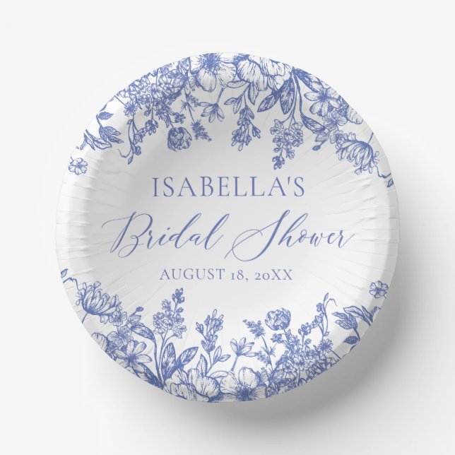 Elegant Chinoise Dusty Blue Floral Bridal Shower Paper Plate (Front)