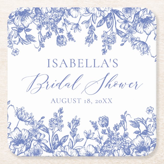 Elegant Chinoise Dusty Blue Floral Bridal Shower Square Paper Coaster (Front)