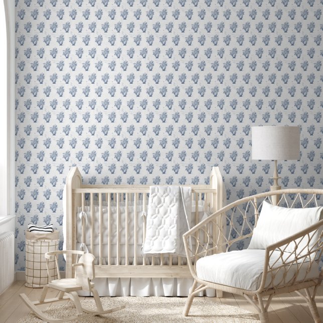Elegant Chinoiserie Blue and White English Floral Wallpaper (Kids)