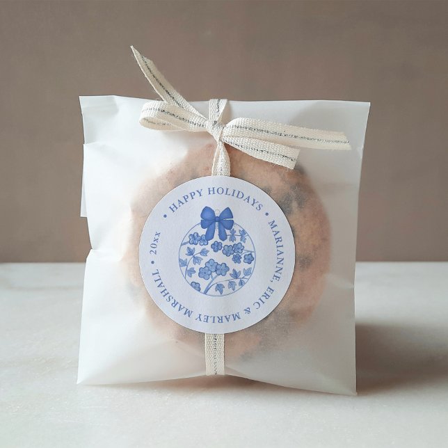 Elegant Chinoiserie Blue And White Merry Christmas Classic Round Sticker (Happy Holidays or Merry Christmas sticker design featuring a blue and white Chinoiserie bauble)