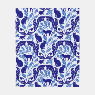Elegant Chinoiserie Blue Black Cat-Whimsical  Fleece Blanket