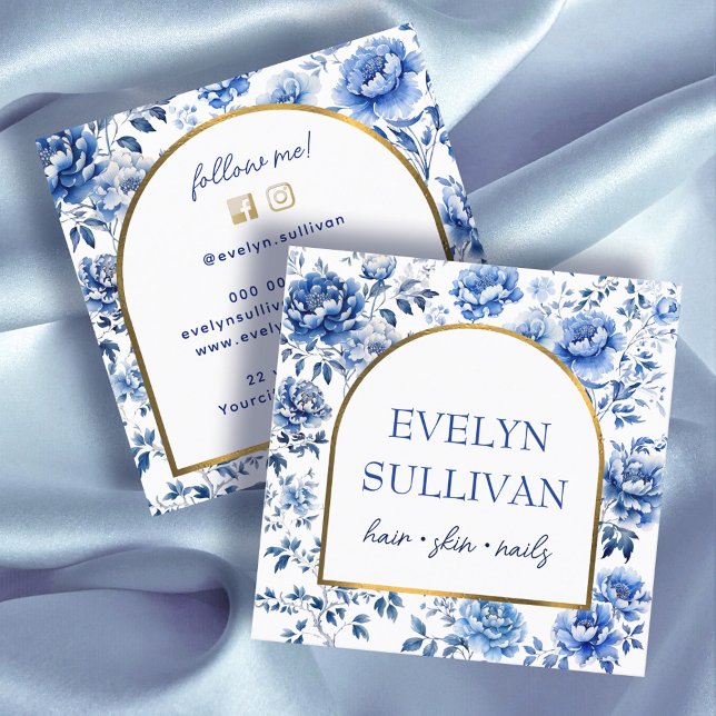 Elegant chinoiserie blue flowers square business card (Creator Uploaded)