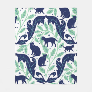 Elegant Chinoiserie Blue Mint Black Cat-Whimsical  Fleece Blanket