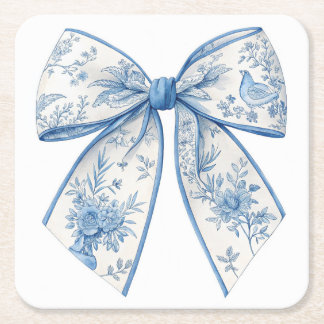 Elegant Chinoiserie Blue & White Bow Home Accessor Square Paper Coaster