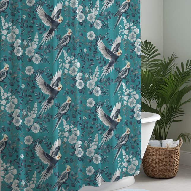 Elegant Chinoiserie Cockatiel Birds Floral Teal Shower Curtain (Chinoiserie shower curtain with gray cockatiels, florals, and eucalyptus on a blue-green backdrop.)