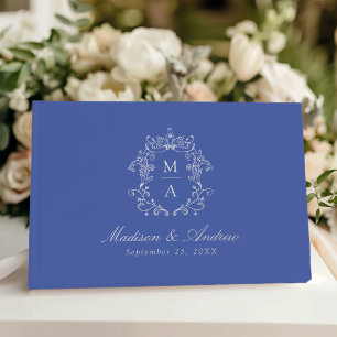 Elegant Chinoiserie Crest Monogram Blue Wedding Guest Book