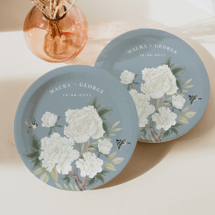 Elegant Chinoiserie Dusty Blue Floral Bird Wedding Paper Plate