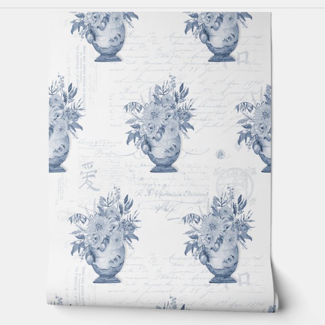 Elegant Chinoiserie English Floral Blue and White Wallpaper (Unrolling)