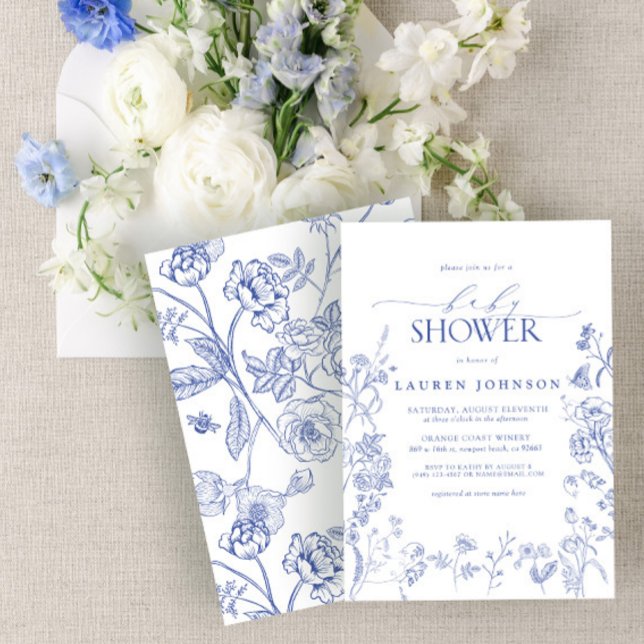Elegant Chinoiserie Floral Blue Baby Shower Invitation (Creator Uploaded)