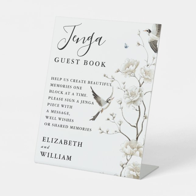 Elegant Chinoiserie Floral Jenga Guestbook Wedding Pedestal Sign (Front)