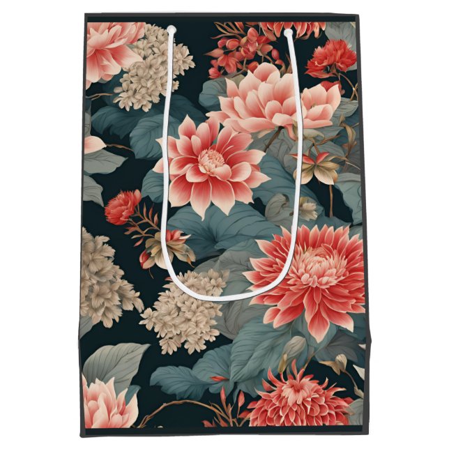 Elegant Chinoiserie Florals Teal Peach Medium Gift Bag (Back)