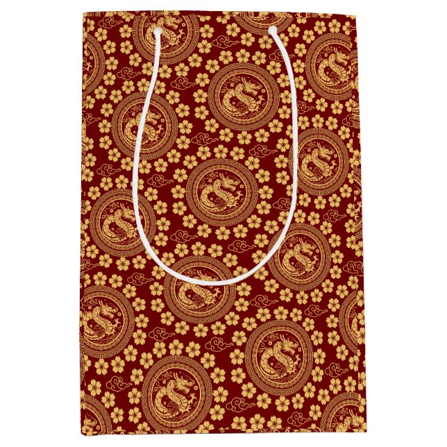 Elegant Chinoiserie for Lunar Dragon Year Red Gold Medium Gift Bag (Front)