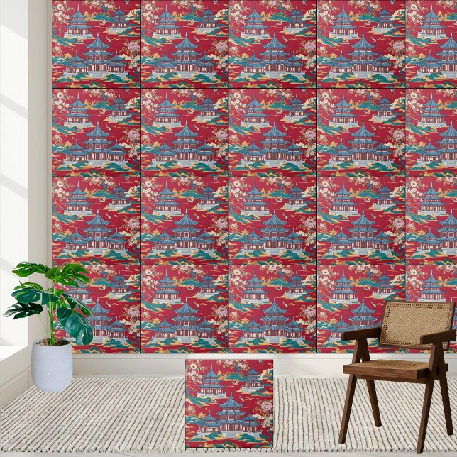 Elegant Chinoiserie Pagoda and Floral Pattern Tile (Elegant Chinoiserie Pagoda and Floral Pattern Tile)