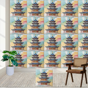 Elegant Chinoiserie Pagoda Temple Watercolor Tile