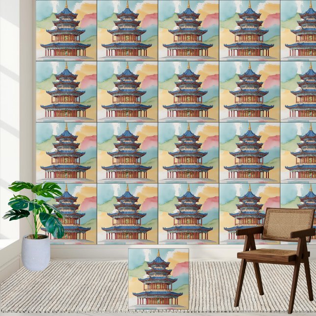 Elegant Chinoiserie Pagoda Temple Watercolor Tile (Elegant Chinoiserie Pagoda Temple Watercolor Tile)