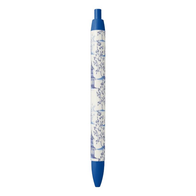 Elegant Chinoiserie Pagoda Trees Blue Black Ink Pen (Front Vertical)
