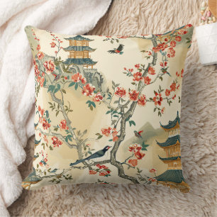 Elegant Chinoiserie - Pagodas, Blossoms, and Birds Cushion